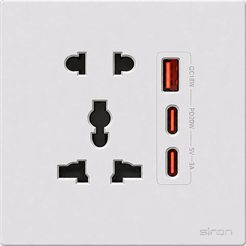 Bộ ổ cắm đơn đa năng + 2 chấu + usb type a+c Màu trắng SIRON 27H7851