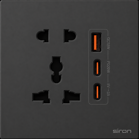 Bộ ổ cắm đơn đa năng + 2 chấu + usb type a+c Màu đen SIRON 27H7851-26
