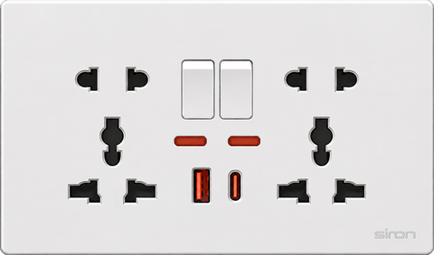 Bộ ổ cắm đôi đa năng + 2 chấu có công tắc + usb type a+c Màu trắng SIRON 27H8253