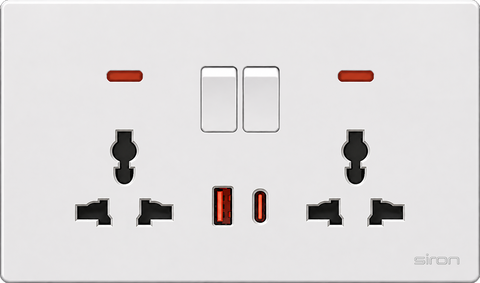 Bộ ổ cắm đôi đa năng có công tắc + usb type a+c Màu trắng SIRON 27H0253