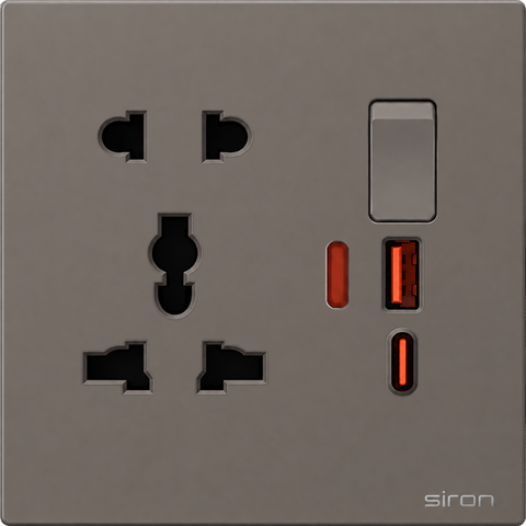 Bộ ổ cắm đơn đa năng + 2 chấu có công tắc + usb type a+c Màu ghi SIRON 27H8153-60