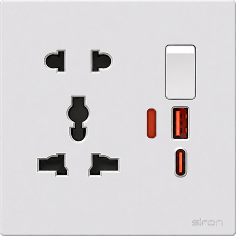 Bộ ổ cắm đơn đa năng + 2 chấu có công tắc + usb type a+c Màu trắng SIRON 27H8153