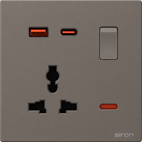 Bộ ổ cắm đơn đa năng có công tắc + usb type a+c Màu ghi SIRON 27H0153-60