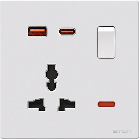 Bộ ổ cắm đơn đa năng có công tắc + usb type a+c Màu trắng SIRON 27H0153