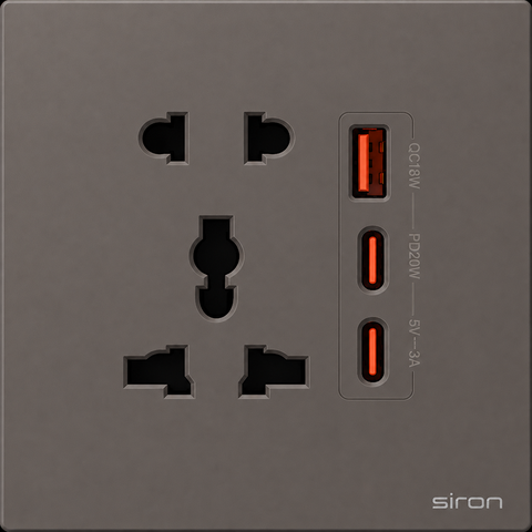 Bộ ổ cắm đơn đa năng + 2 chấu + usb type a+c Màu ghi SIRON 27H7851-60