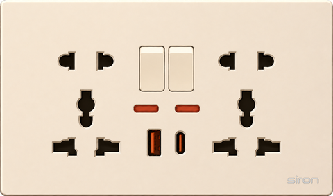 Bộ ổ cắm đôi đa năng + 2 chấu có công tắc + usb type a+c Màu sâm panh SIRON 27H8253-46