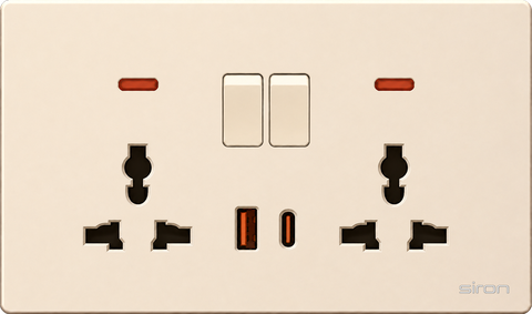 Bộ ổ cắm đôi đa năng có công tắc + usb type a+c Màu sâm panh SIRON 27H0253-46