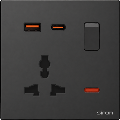 Bộ ổ cắm đơn đa năng có công tắc + usb type a+c Màu đen SIRON 27H0153-26