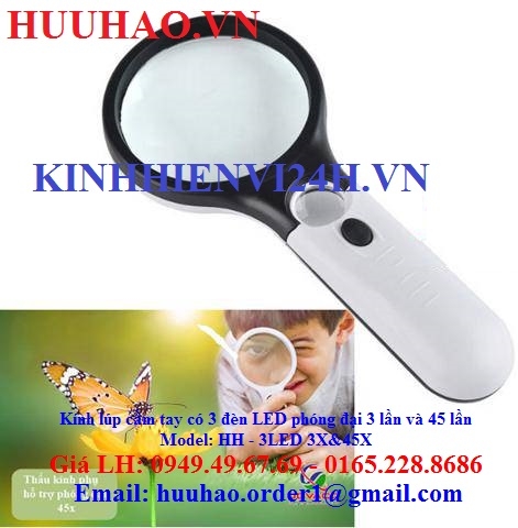 Kính lúp cầm tay có 3 đèn LED phóng đại 3 lần và 45 lần