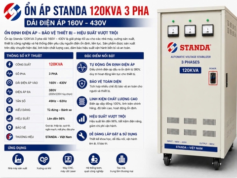 Ổn Áp Standa 120KVA 3 Pha Dải 160V–430V Chính Hãng