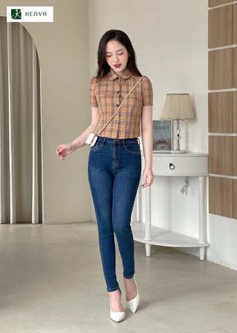Áo sơ mi kẻ cổ sen croptop