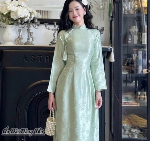 Áo Dài Truyền Thống Gấm Tay Loe Kèm Dây Tua