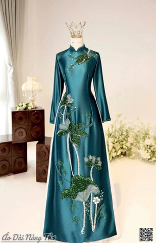 Áo Dài Bà Sui Lụa Xanh Họa Tiết Hoa Sen Sang Trọng