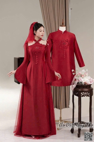 Áo Dài Cưới Đỏ Tay Loe Xẻ Chữ Hỷ
