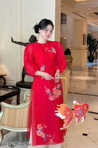 Áo Dài Cách Tân Voan Đỏ Tay Lỡ Phồng