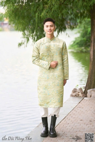 Áo Dài Nam Tafta Xanh Nhũ Họa Tiết 3D