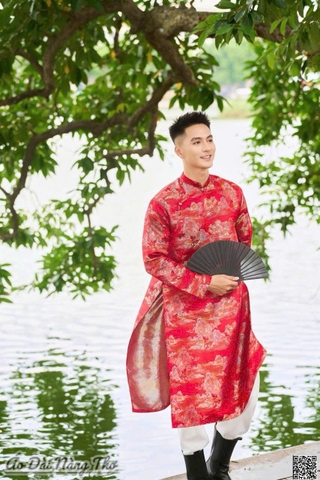 Áo Dài Nam Tafta Đỏ Nhũ Họa Tiết 3D