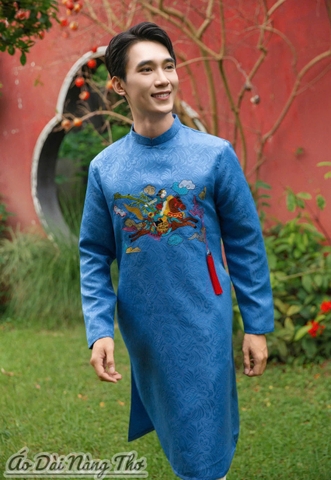 Áo Dài Nam Gấm Xanh Coban Họa Tiết Thêu Sang Trọng