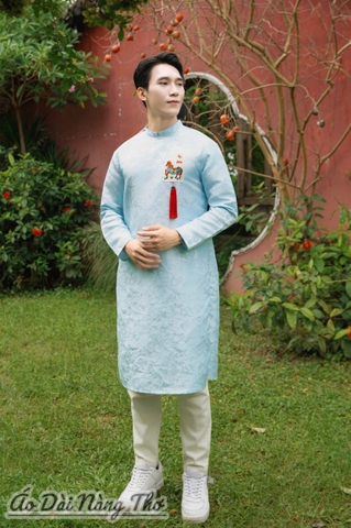 Áo Dài Nam Gấm Xanh Kèm Tua Rua