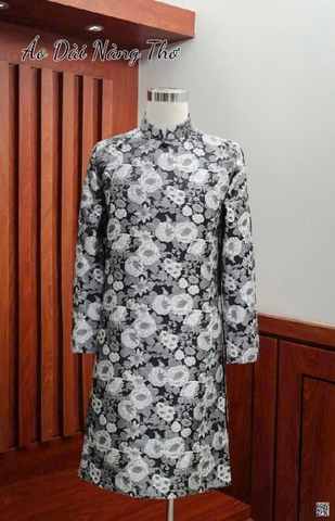 Áo Dài Nam Gấm Hoa Trắng Đen Nam Tính