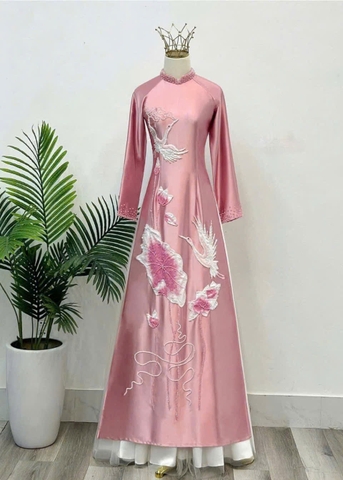 Áo Dài Bà Sui Lụa Cao Cấp Họa Tiết Hạc Phối Hoa Sang Trọng