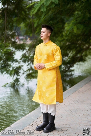 Áo Dài Nam Tafta Vàng Họa Tiết Đồng Tiền