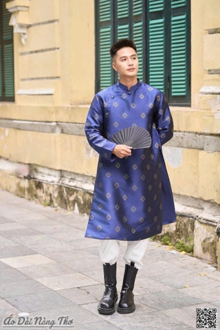 Áo Dài Nam Gấm Xanh Đen Họa Tiết Nhí Thanh Lịch