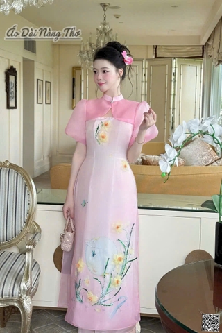 Áo Dài Cách Tân Voan Hồng Tay Phồng Xinh Xắn