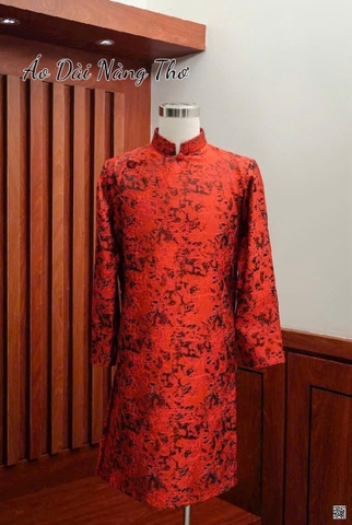 Áo Dài Nam Tafta Đỏ Tươi Họa Tiết Gân Nổi