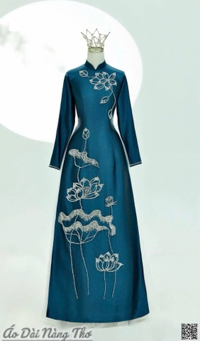 Áo Dài Bà Sui Lụa Xanh Họa Tiết Kết Xắc Xảo
