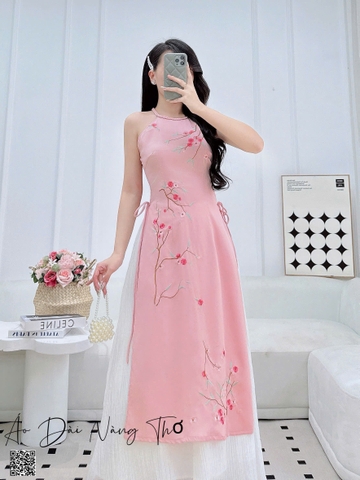 Áo Dài Cách Tân Lụa Hồng Cổ Yếm Họa Tiết Thêu Xinh Xắn