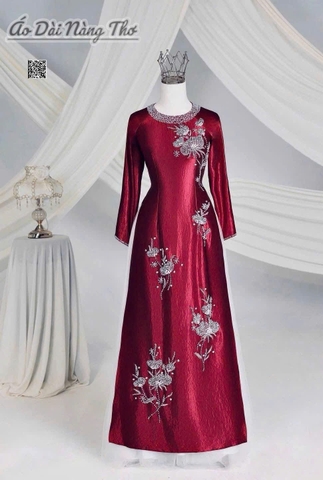 Áo Dài Bà Sui Lụa Đỏ Cổ Tròn Đính Đá Cao Cấp