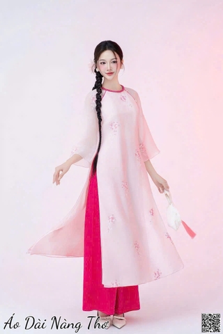 Áo Dài Cách Tân Vải Voan Hồng Cổ Thắt Bính