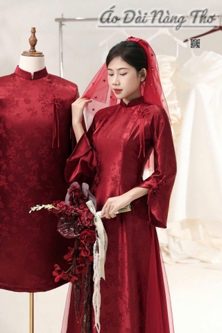 Áo Dài Cô Dâu Lụa Đỏ Dáng Suông Tay Loe
