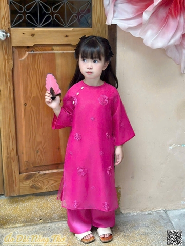 Áo Dài Bé Gái Voan Hồng Sen Họa Tiết Thêu Xinh Yêu