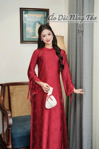 Áo Dài Cô Dâu Lụa Đỏ Dáng Suông Tay Đính Nơ