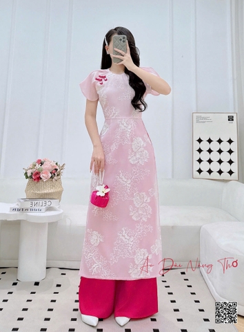 Áo Dài Cách Tân Lụa Hồng Tay Phồng Phối Nút Tàu