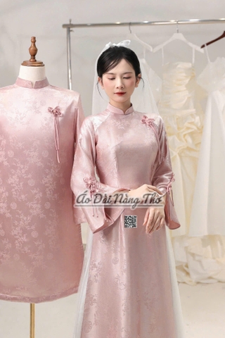 Áo Dài Cô Dâu Lụa Hồng Dáng Suông Tay Loe
