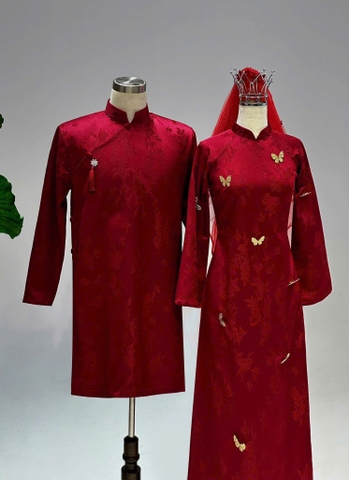 Áo Dài Cưới Gấm Vân Hoa Đỏ Đô Sang Trọng