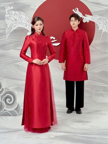 Áo Dài Cưới Họa Tiết Đính Hoa Rơi Trẻ Trung