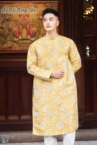 Áo Dài Nam Gấm Vàng Họa Tiết Thổ Cẩm