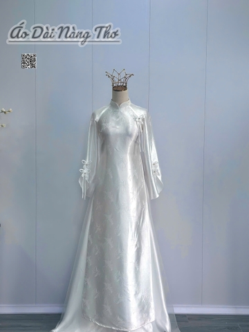 Áo Dài Cô Dâu Lụa Trắng Dáng Suông Tay Đính Nơ