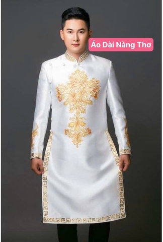 Áo Dài Nam Màu Trắng Vẽ Họa Tiết