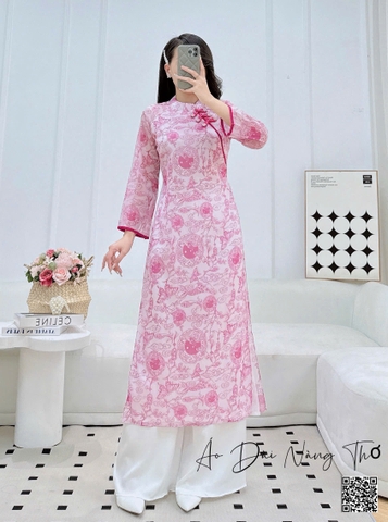 Áo Dài Cách Tân Voan Họa Tiết Thổ Cẩm Hồng Sen