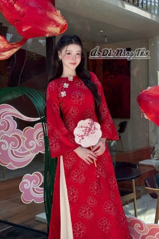Áo Dài Cách Tân Lụa Đỏ Đính Hoa Xinh Xắn