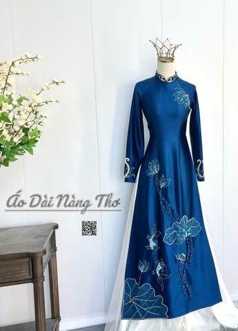 Áo Dài Bà Sui Lụa Xanh Cổ Vịt Hoa Sen Cao Cấp