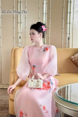 Áo Dài Cách Tân Voan Hồng Tay Lỡ Phồng