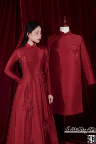 Áo Dài Cưới Đỏ Họa Tiết Hoa Nổi
