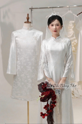 Áo Dài Cô Dâu Lụa Trắng Dáng Suông Tay Loe