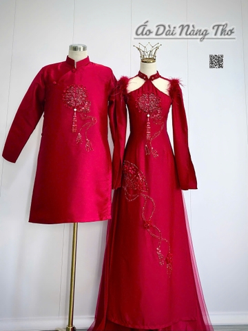 Áo Dài Cưới Đỏ Họa Tiết Chữ Hỷ Phối Lông Tay Xẻ Xinh Xắn